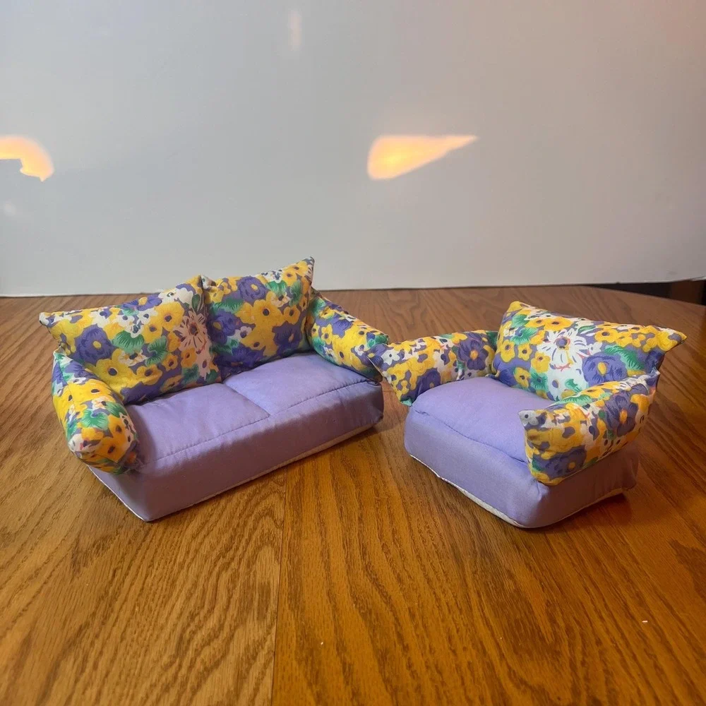 VTG 1994 Toymax Barbie Sofa & Chair Set Floral Purple Plush pretend Furniture